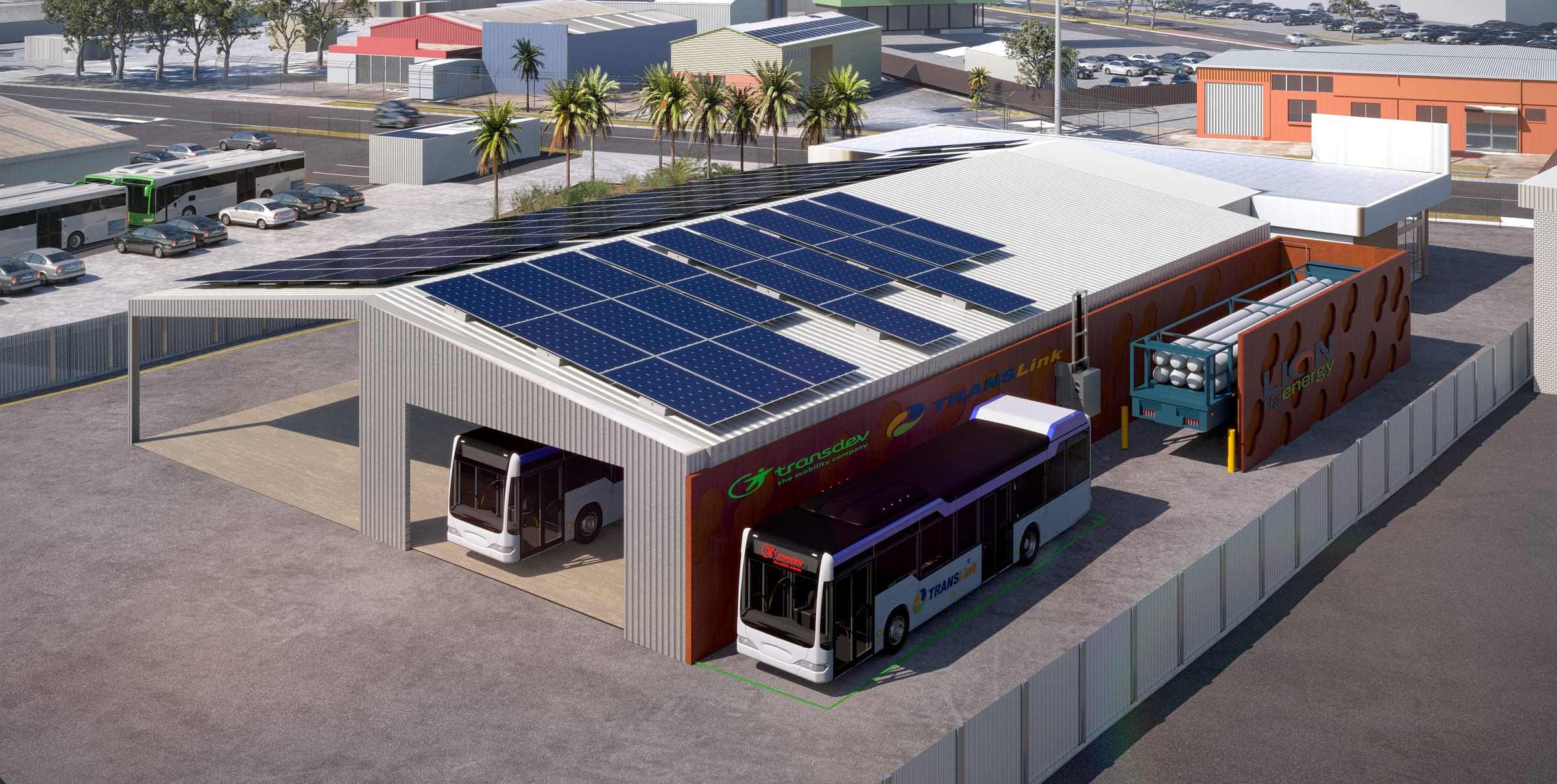 Render of a bus depot with charging, solar roof and buses