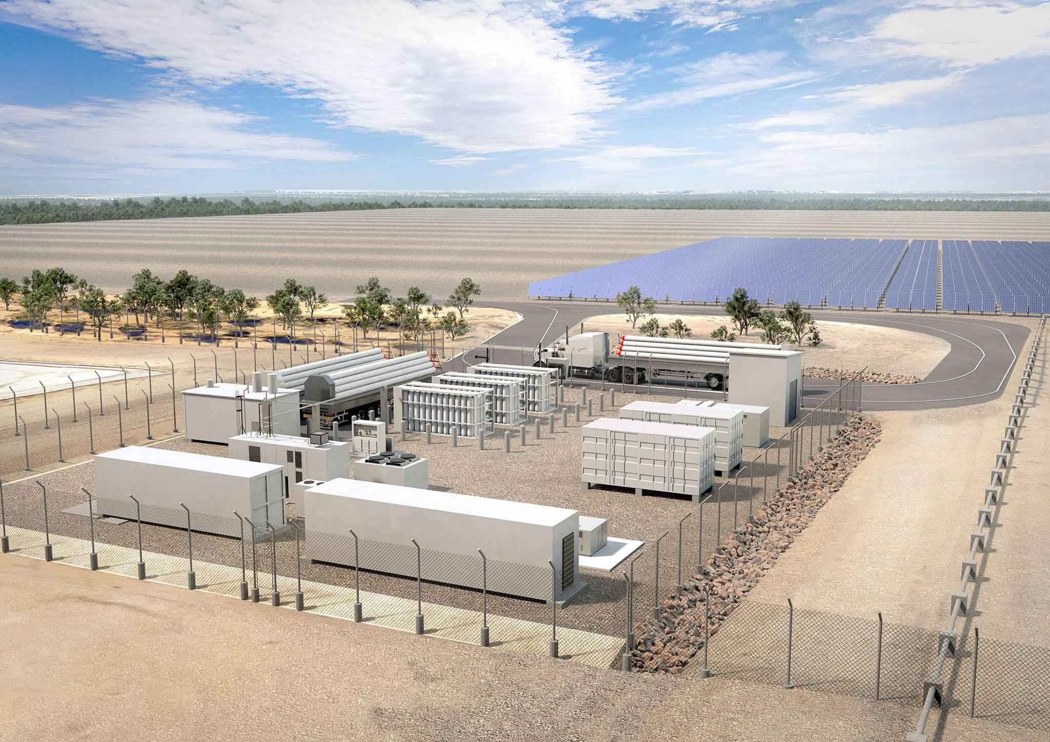 Render of the Kogan hydrogen demonstration plant with its solar array