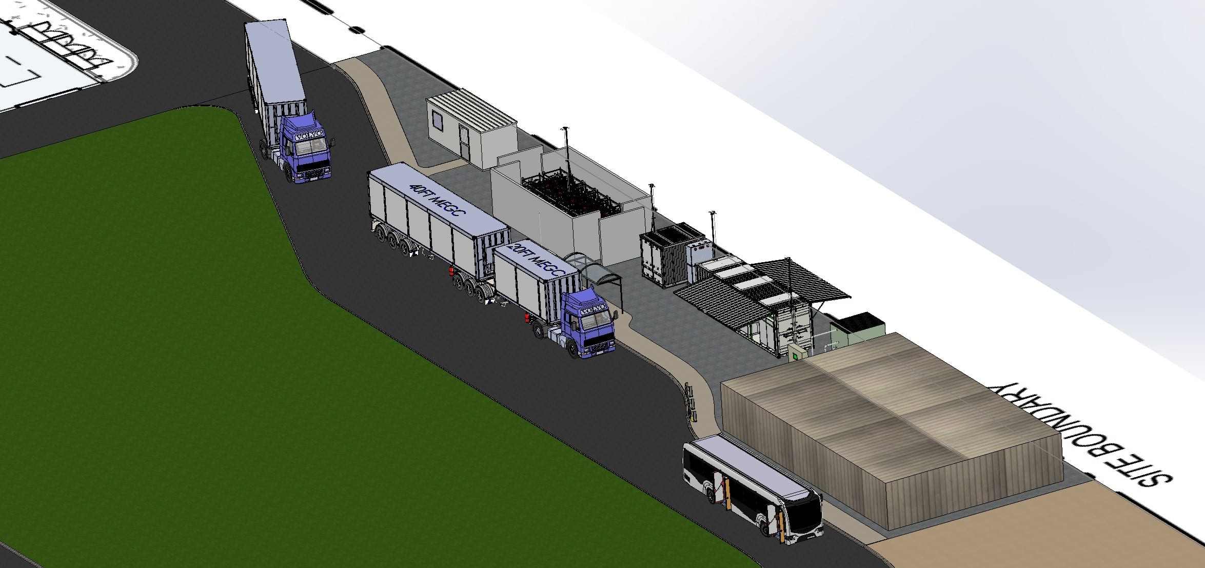 3D model of a proposed site layout with trucks, buildings and equipment