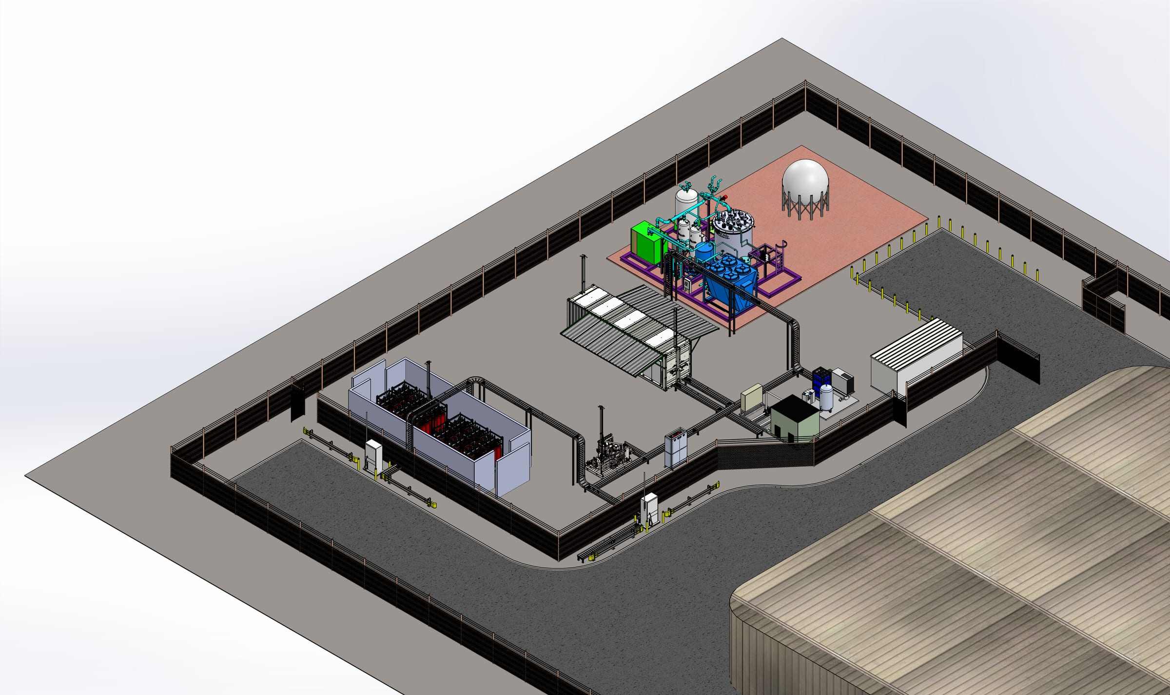Shaded 3D isometric model of a process site layout