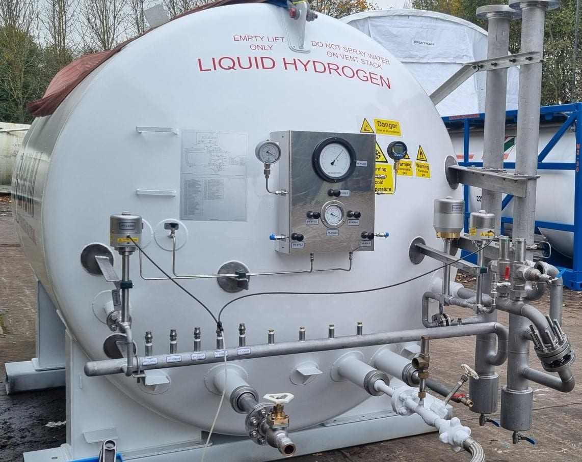 Liquid hydrogen tank with gauges, valves and hazard labels