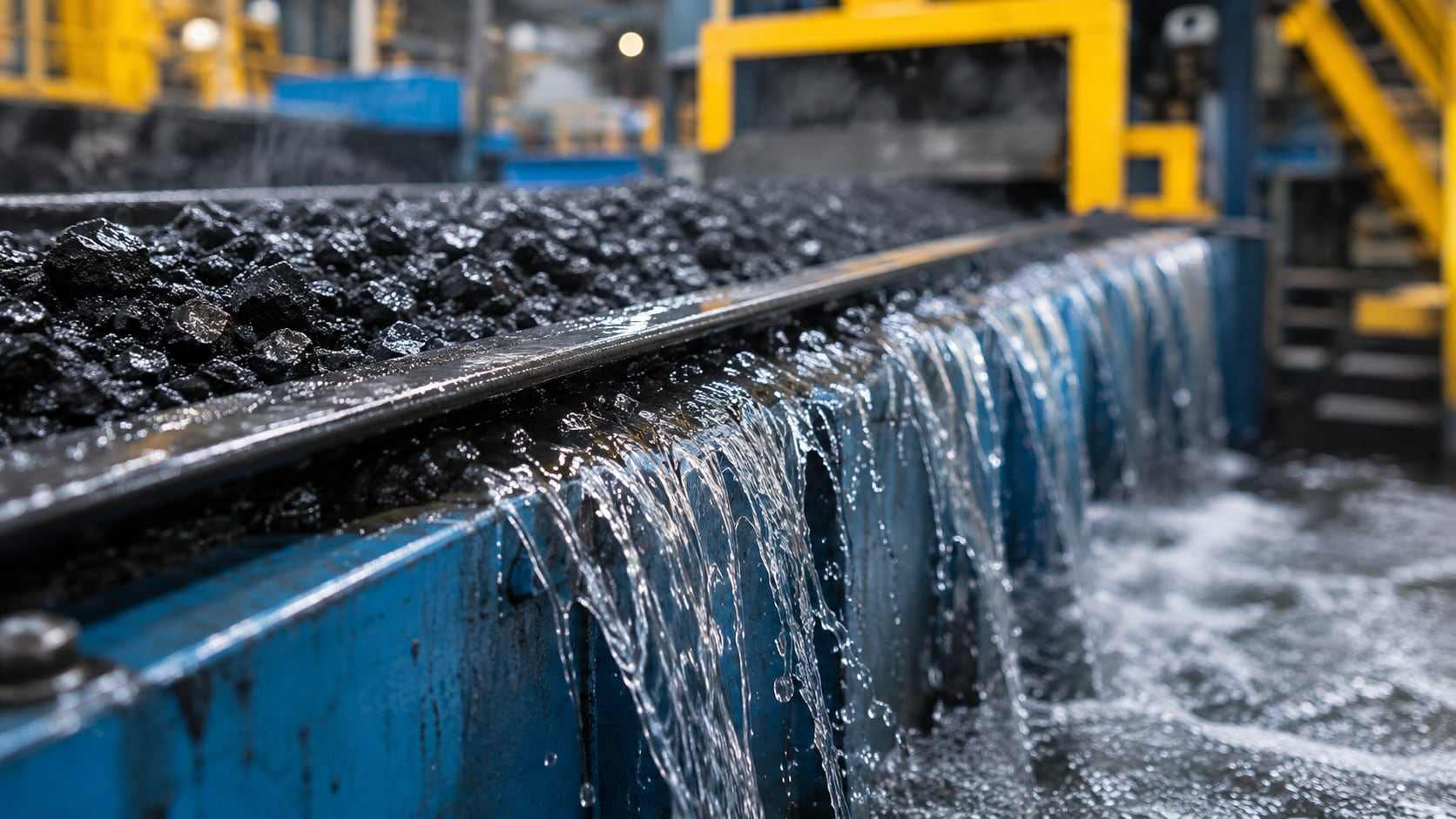 Coal washery with water flowing over a processing screen