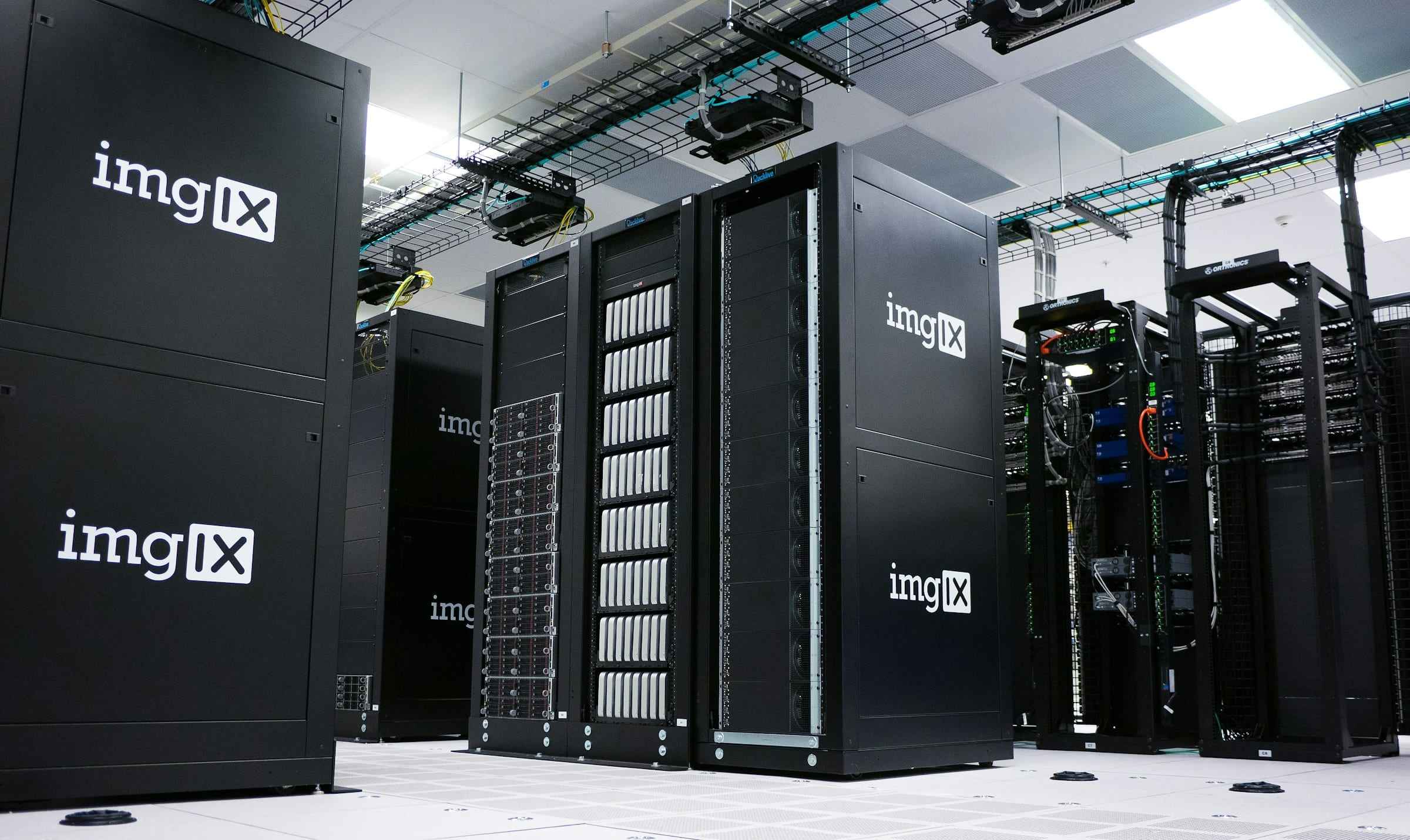 Rows of server racks in a data centre hall