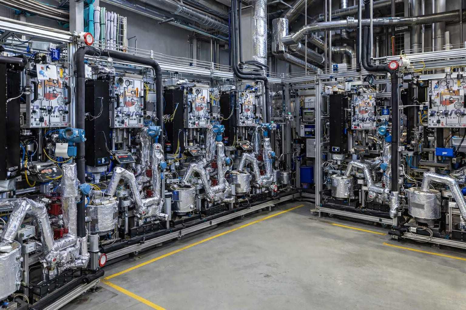 Process hall with rows of skids and insulated pipework