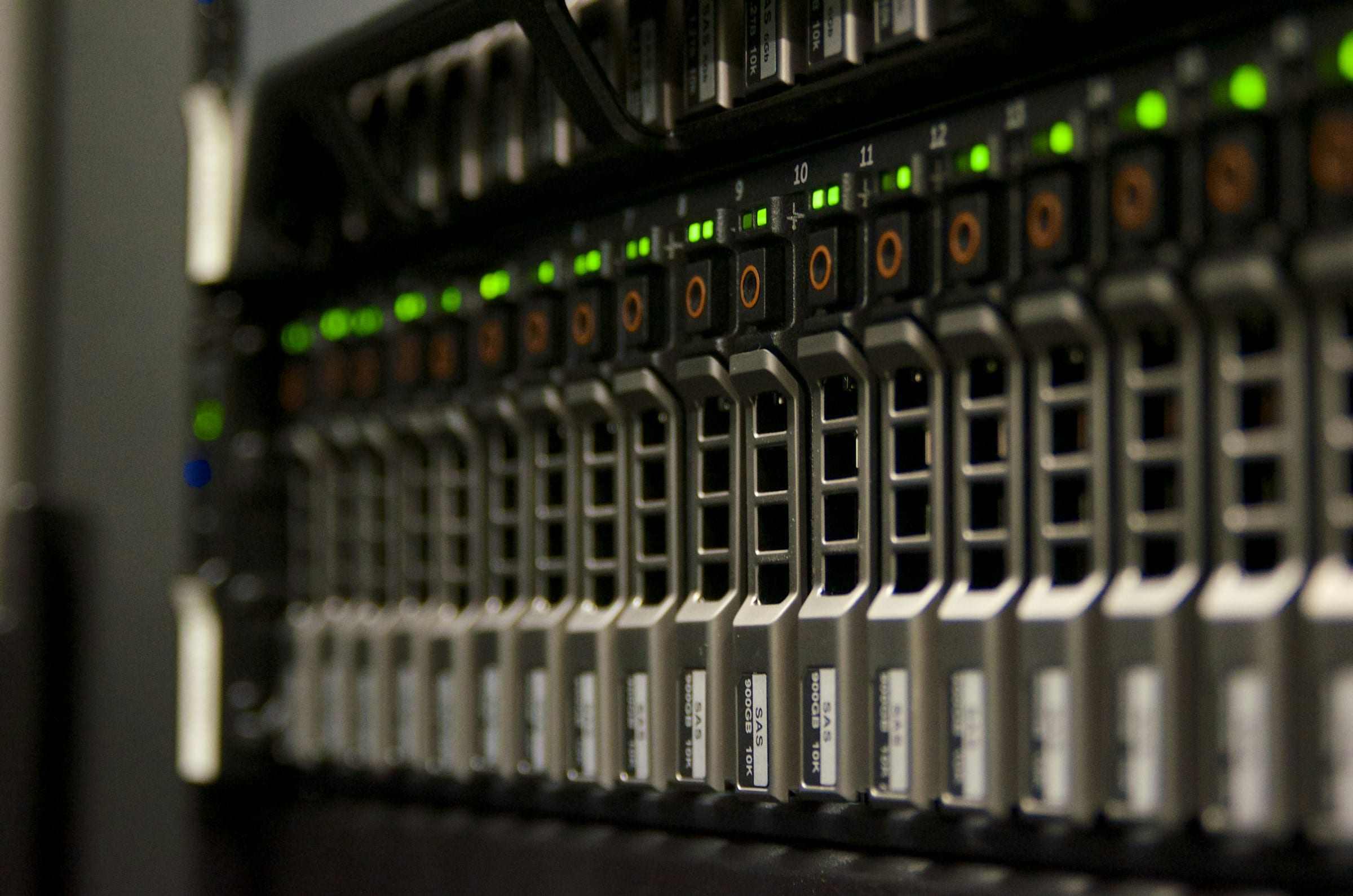 Close-up of servers with status lights in a rack